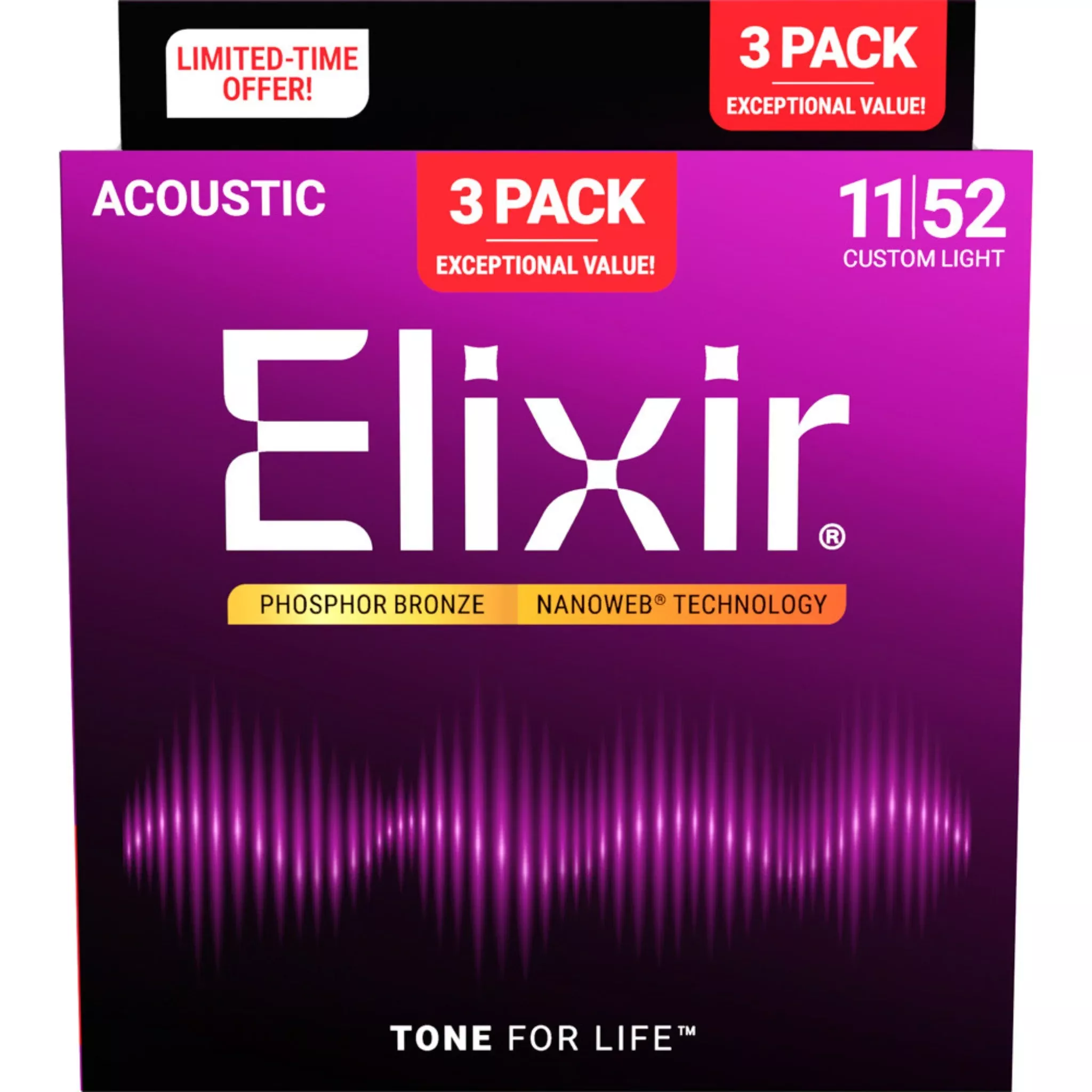 Elixir 16544X Phosphor Bronze NANOWEB Acoustic Guitar Strings 3-Pack - Custom Light (11-52)