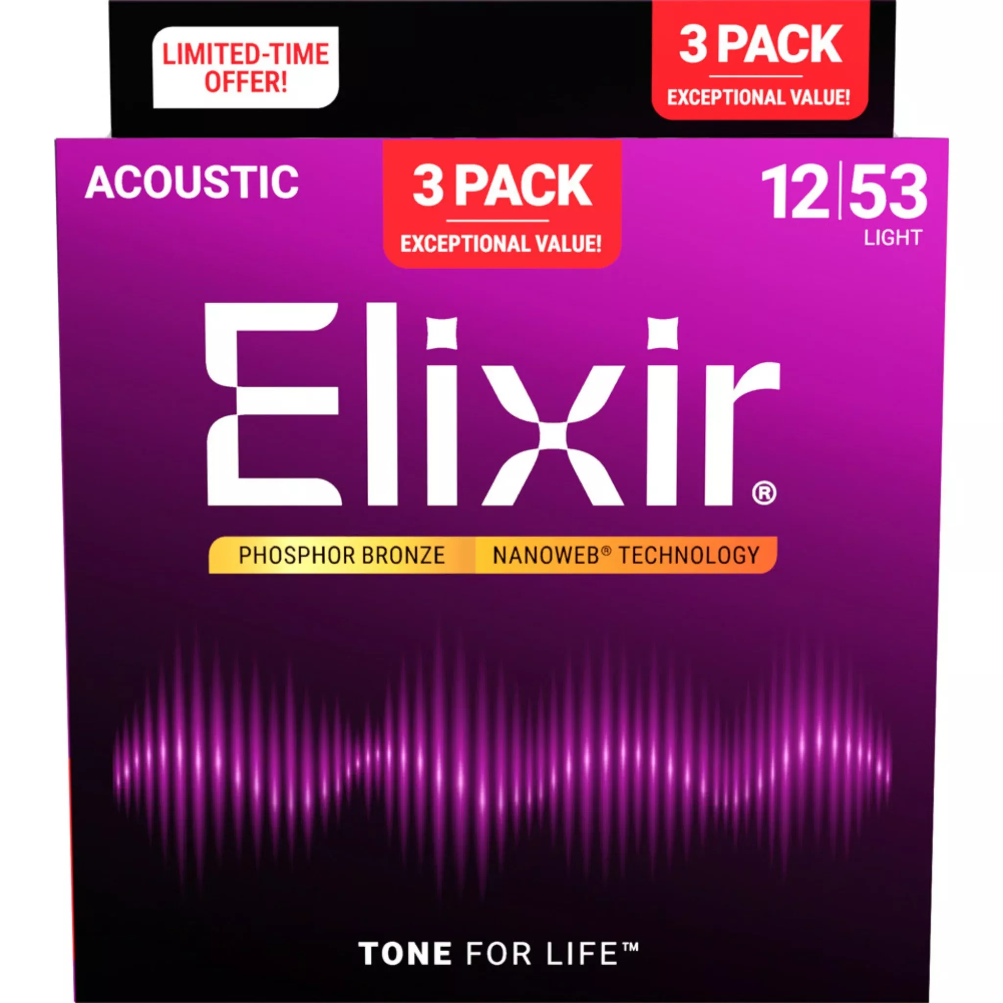 Elixir 16545X Phosphor Bronze NANOWEB Acoustic Guitar Strings 3-Pack - Light (12-53)
